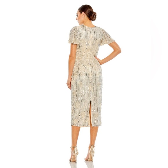 Mac Duggal 5575 Nude Silver Beaded Flutter Sleeve Formal Cocktail Dress Size 6 - Picture 2 of 7